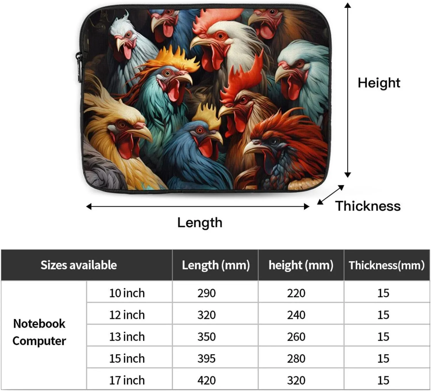 Colorful Roosters Standing Together Pattern Shockproof Portable Laptop 15 inch Sleeve Bag for Men and Women - Ideal for Business Travel, School, and Daily Use