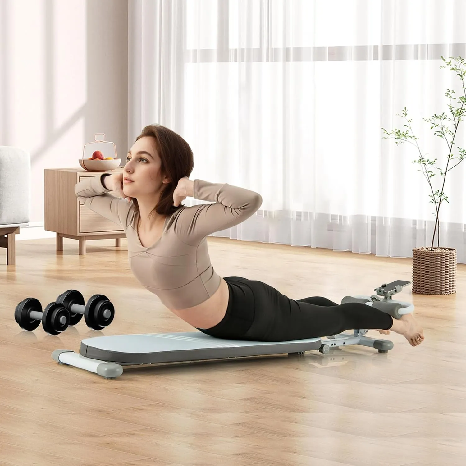 Compact Sit Up Bench, Multi-Functional Flat Bench for Abdominal Muscles Core Strength Training, Adjustable Length & 3-Position Rollers, Folding Abs Workout Equipment for Home Gym Fitness