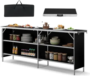 COSTWAY 81" Folding Picnic Table, Portable Bar Table with Carry Bag, Lightweight Aluminum Food Prep Station with 2 Shelves, Quick Set-up, BBQ, Party, Backyard, Black