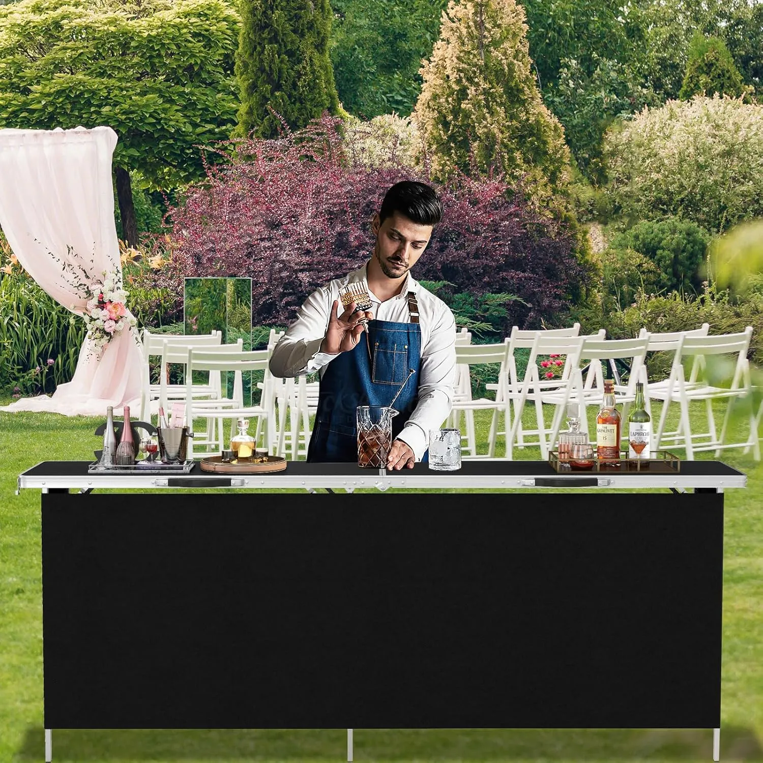 COSTWAY 81" Folding Picnic Table, Portable Bar Table with Carry Bag, Lightweight Aluminum Food Prep Station with 2 Shelves, Quick Set-up, BBQ, Party, Backyard, Black