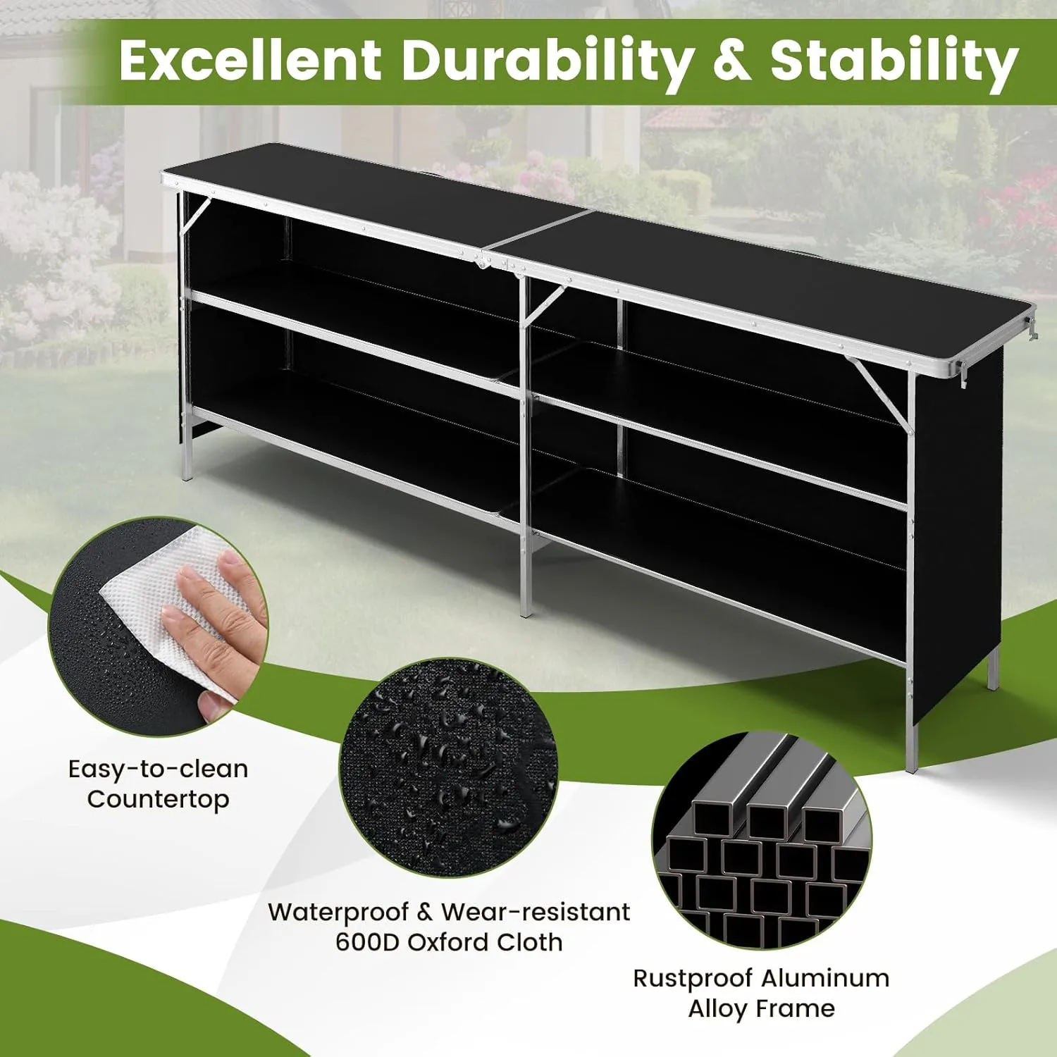 COSTWAY 81" Folding Picnic Table, Portable Bar Table with Carry Bag, Lightweight Aluminum Food Prep Station with 2 Shelves, Quick Set-up, BBQ, Party, Backyard, Black
