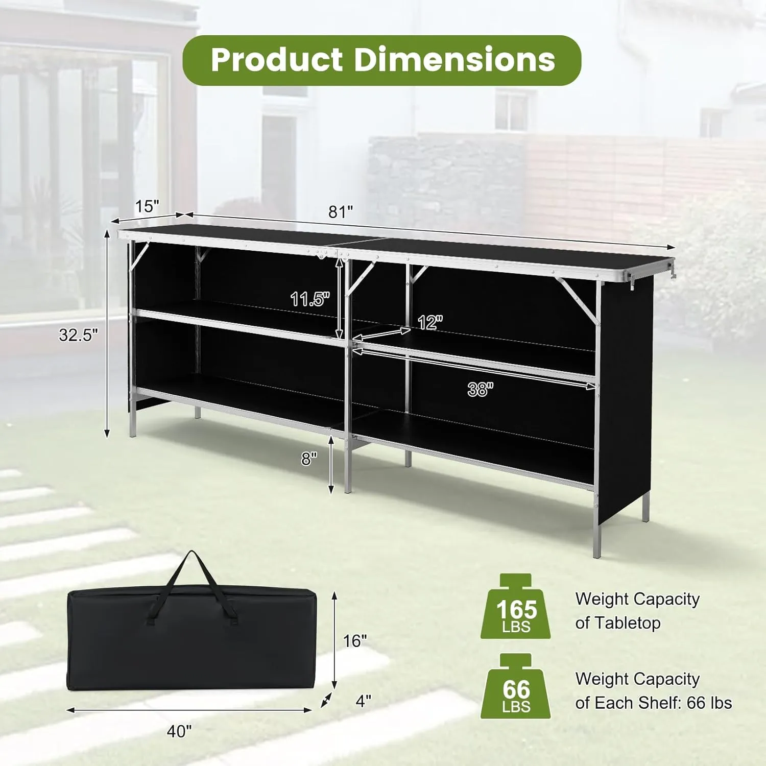 COSTWAY 81" Folding Picnic Table, Portable Bar Table with Carry Bag, Lightweight Aluminum Food Prep Station with 2 Shelves, Quick Set-up, BBQ, Party, Backyard, Black