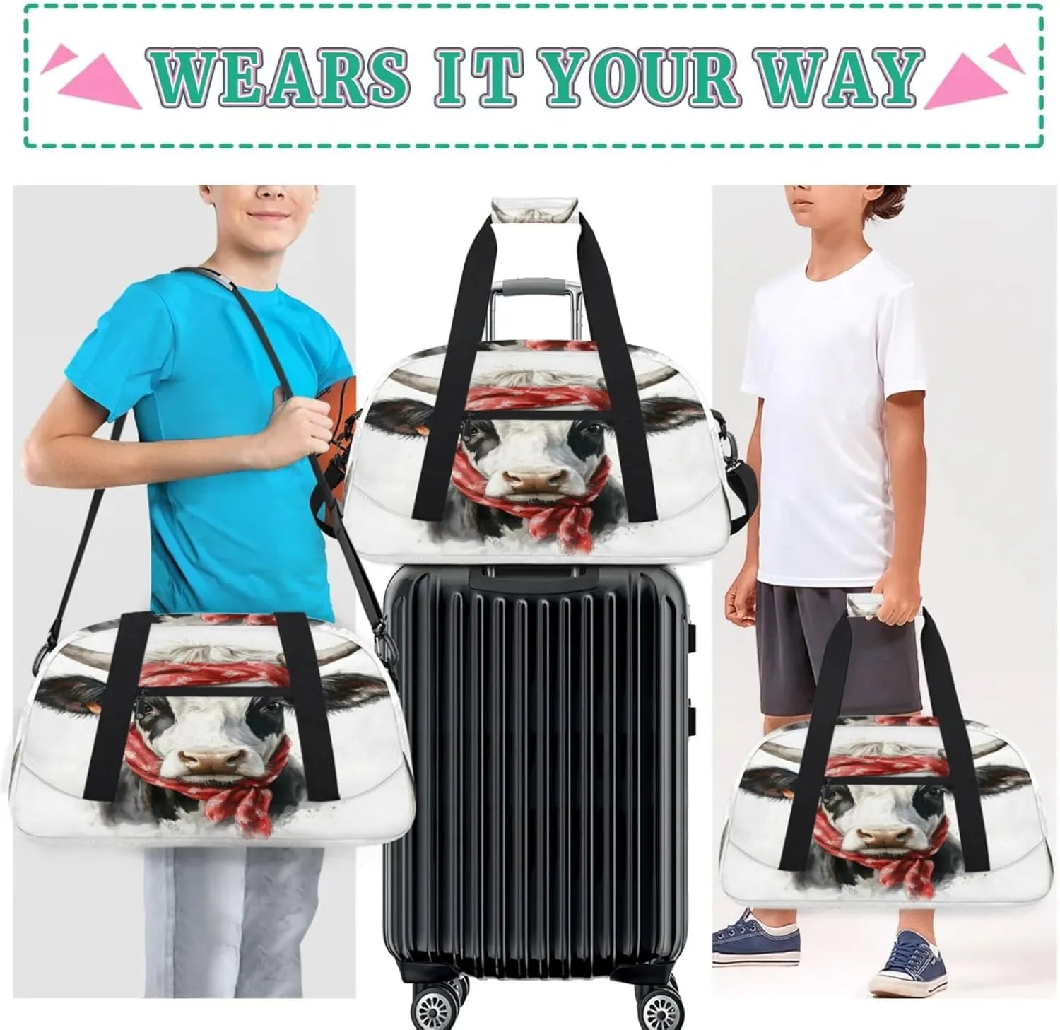 Cow Small Gym Bag for Women Men, Funny Travel Duffle Bag Workout Dance Tote Bag Carry On Overnight Weekender Bag