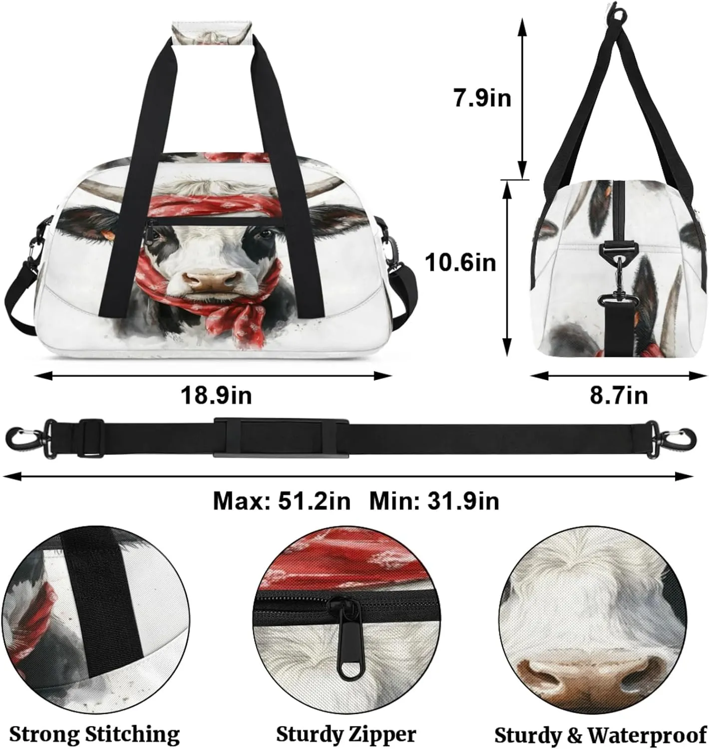 Cow Small Gym Bag for Women Men, Funny Travel Duffle Bag Workout Dance Tote Bag Carry On Overnight Weekender Bag