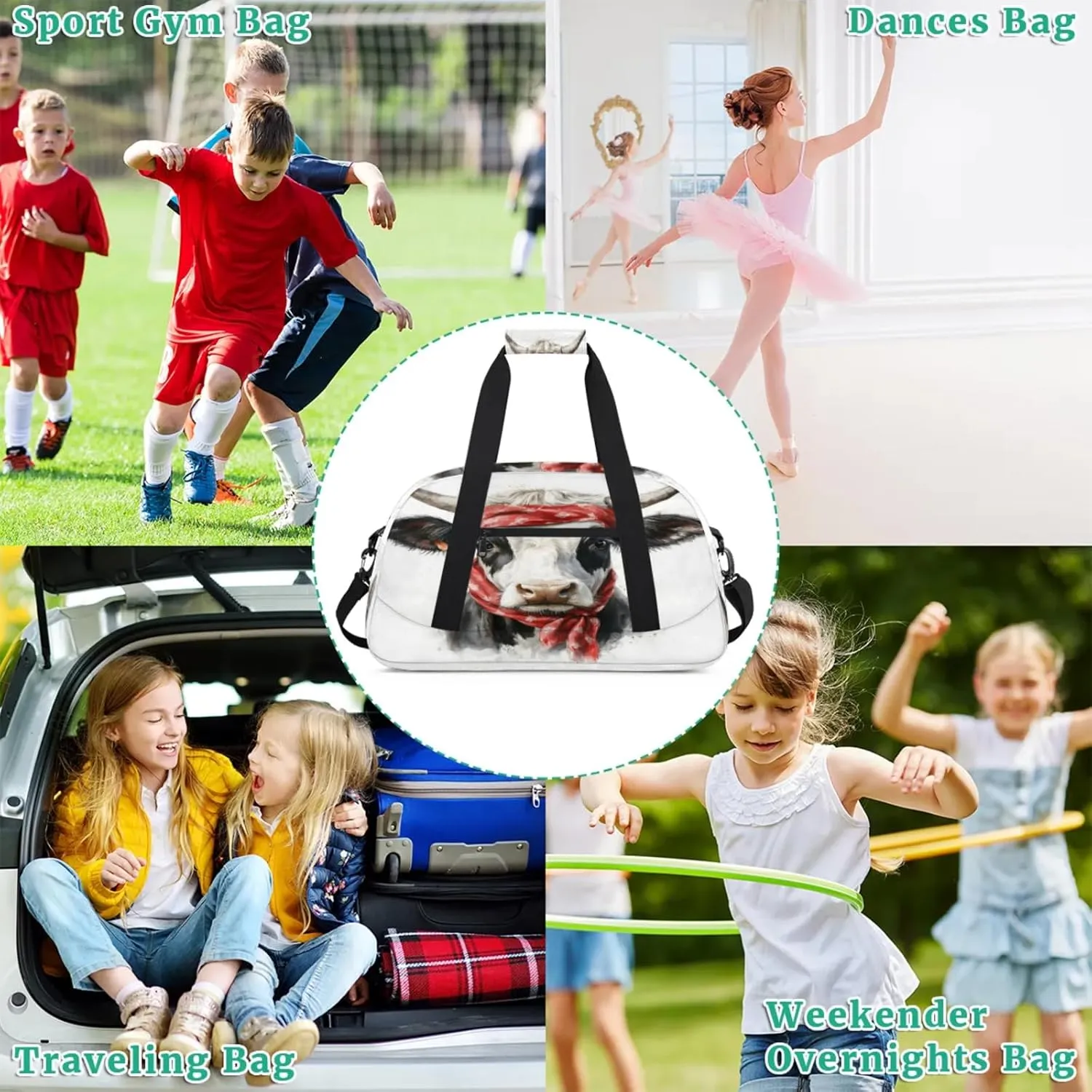 Cow Small Gym Bag for Women Men, Funny Travel Duffle Bag Workout Dance Tote Bag Carry On Overnight Weekender Bag