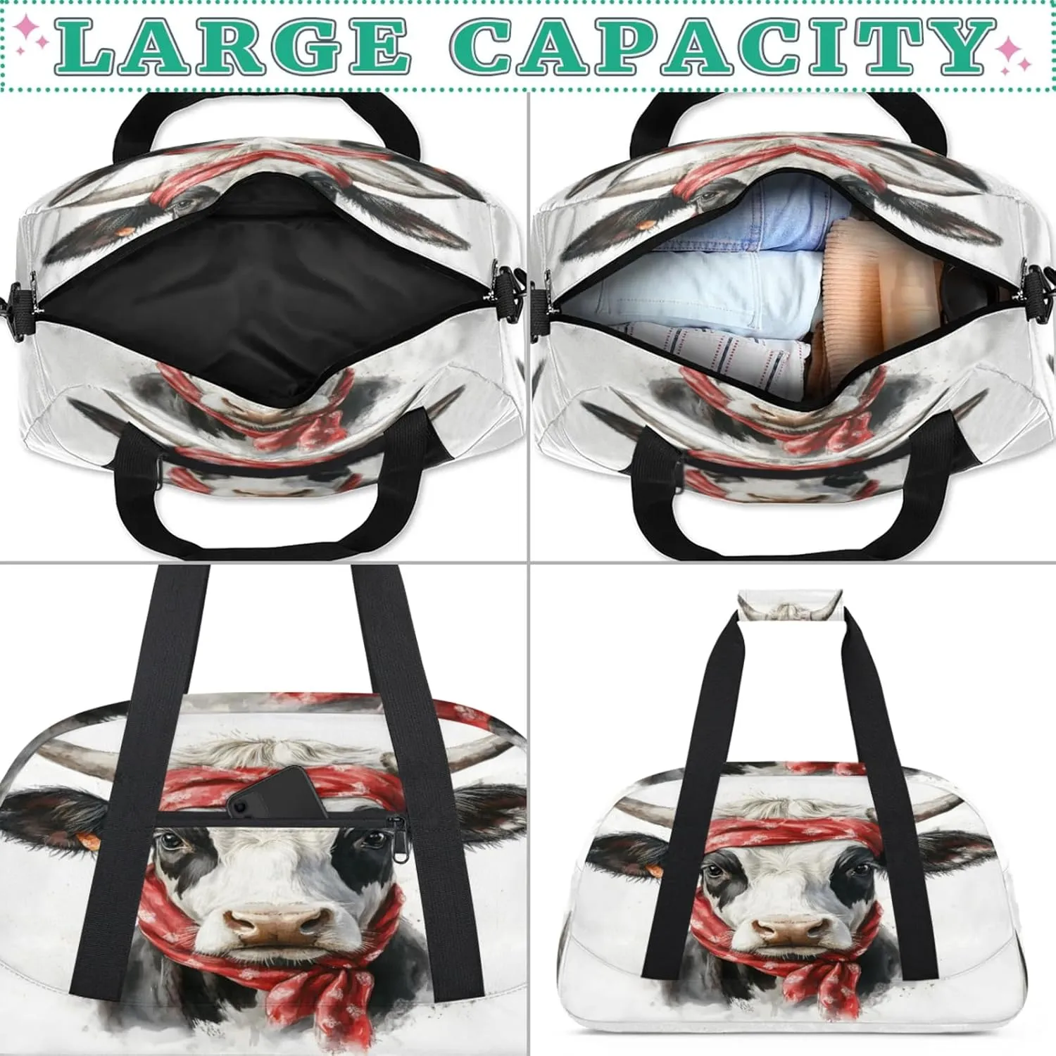 Cow Small Gym Bag for Women Men, Funny Travel Duffle Bag Workout Dance Tote Bag Carry On Overnight Weekender Bag