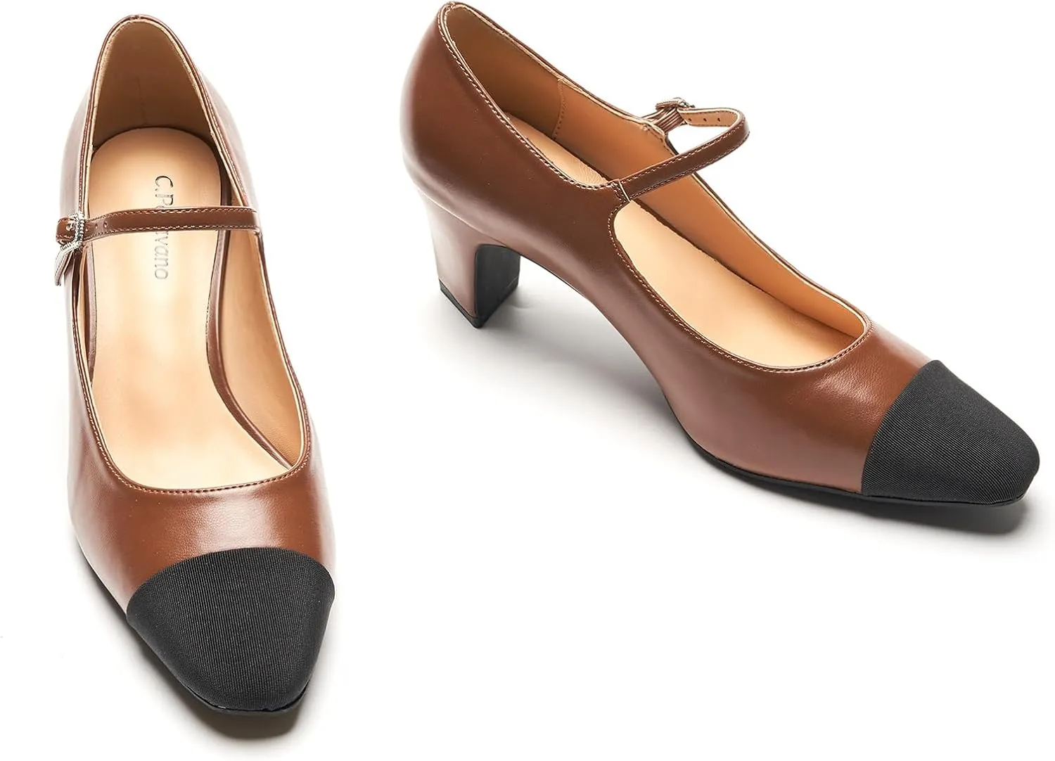 C.Paravano Women 's Pumps Mary Jane Heels Closed Round Toe Low Chunky Heels Adjustable Strap Fashion Dress Shoes