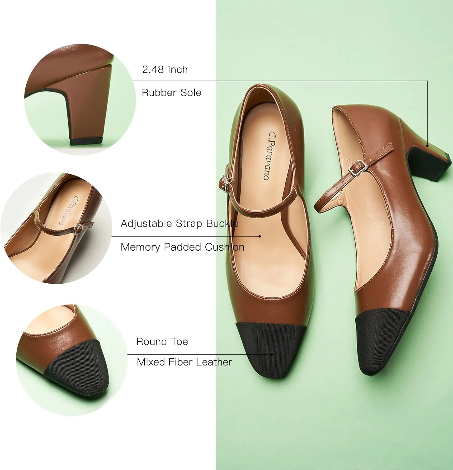 C.Paravano Women 's Pumps Mary Jane Heels Closed Round Toe Low Chunky Heels Adjustable Strap Fashion Dress Shoes