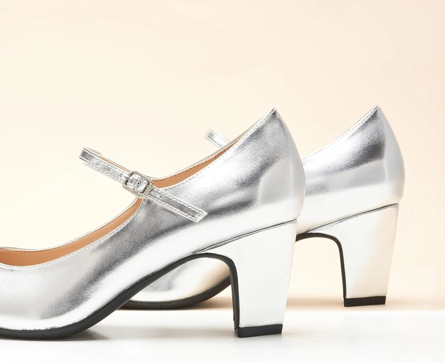 C.Paravano Women 's Pumps Mary Jane Heels Closed Round Toe Low Chunky Heels Adjustable Strap Fashion Dress Shoes