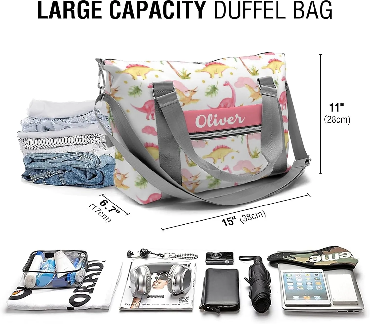 Custom Kids Duffel Overnight Dance Bag for Girls,Dinosaur Print Pink Personalized Dance Duffle Bag for Women Girls Customized Kids Gifts