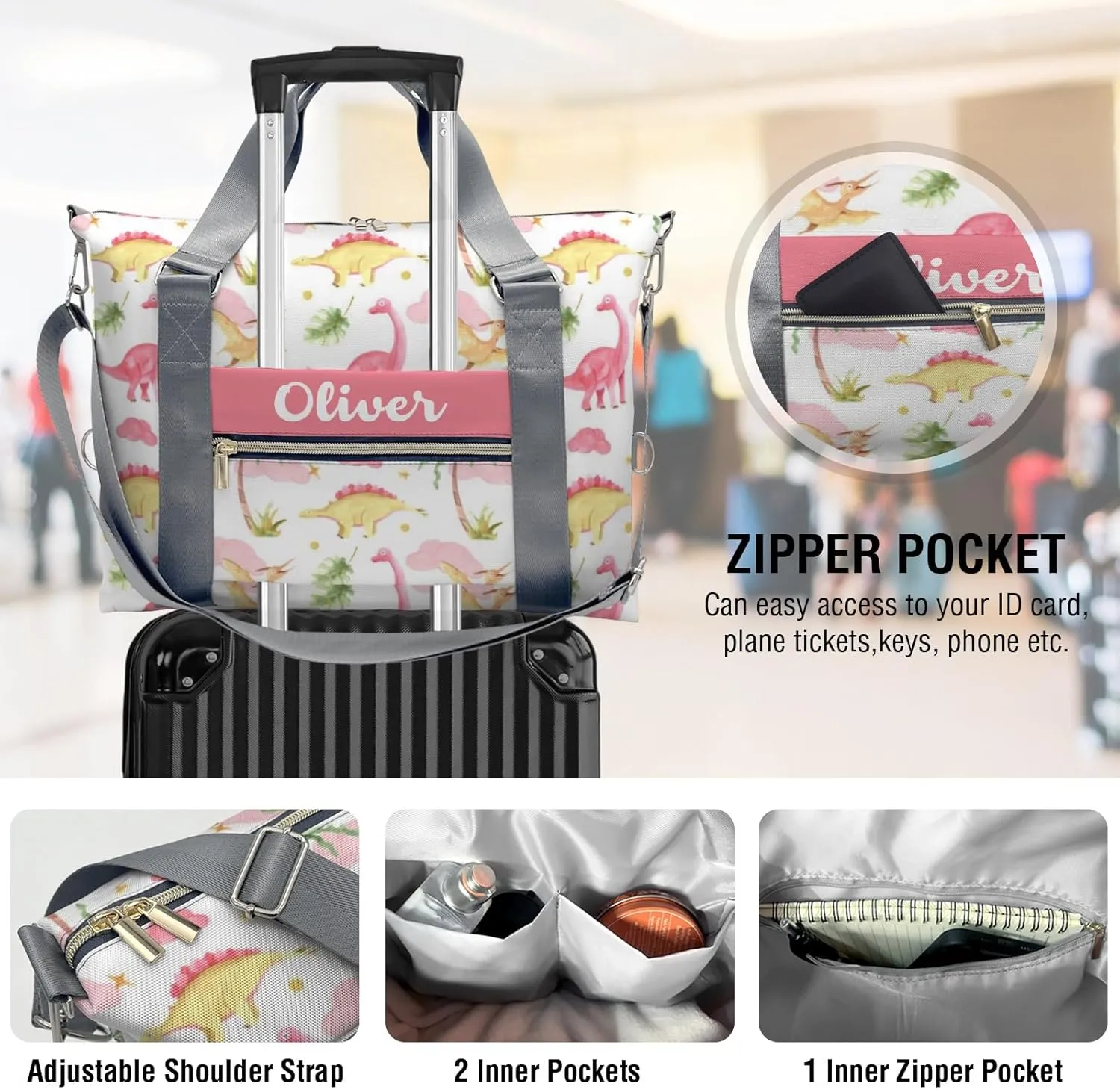 Custom Kids Duffel Overnight Dance Bag for Girls,Dinosaur Print Pink Personalized Dance Duffle Bag for Women Girls Customized Kids Gifts