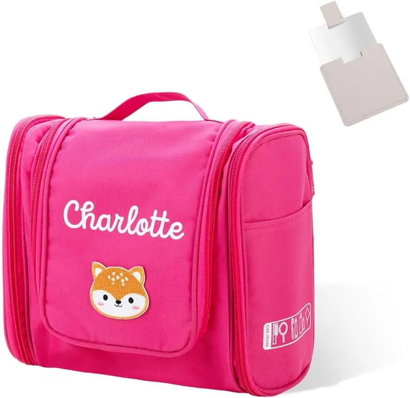 Custom Kids Toiletry Bag with Mirror Small Hanging Personalized Name Animal Patch Travel Toiletry Bag For Boys Girls Travel Gifts for Toiletries For Son Daughter 9.45×4.13×7.87INCH