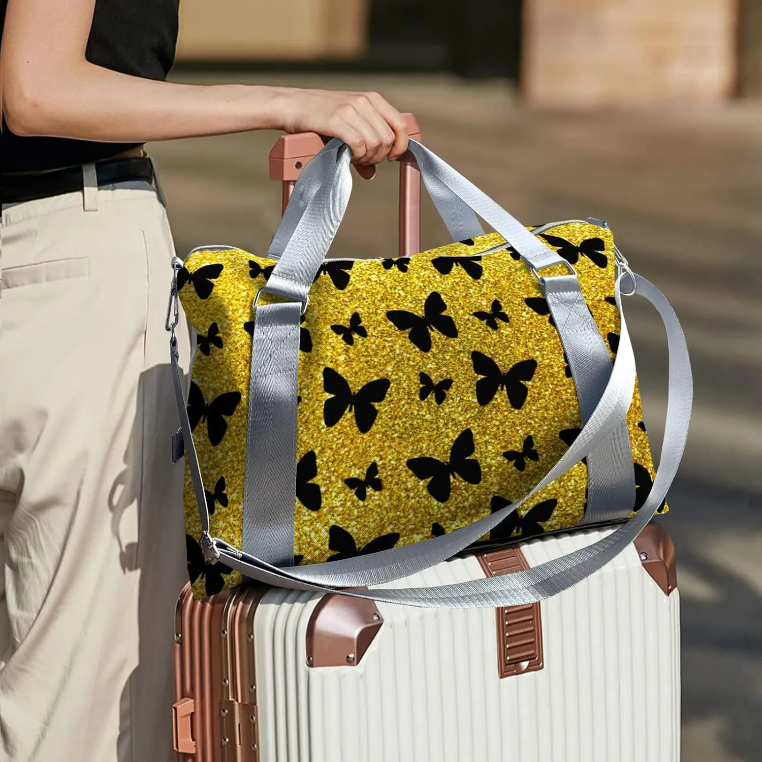 Custom Kids Yellow Glitter Butterfly Duffel Overnight Dance Bag for Girls Personalized Dance Duffle Bag for Women Girls Customized Kids Gifts