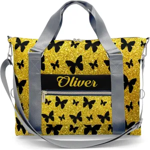 Custom Kids Yellow Glitter Butterfly Duffel Overnight Dance Bag for Girls Personalized Dance Duffle Bag for Women Girls Customized Kids Gifts