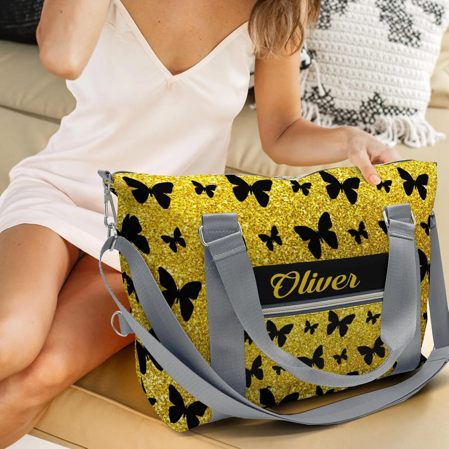 Custom Kids Yellow Glitter Butterfly Duffel Overnight Dance Bag for Girls Personalized Dance Duffle Bag for Women Girls Customized Kids Gifts