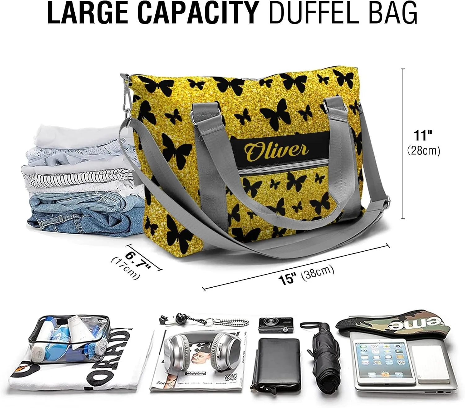 Custom Kids Yellow Glitter Butterfly Duffel Overnight Dance Bag for Girls Personalized Dance Duffle Bag for Women Girls Customized Kids Gifts