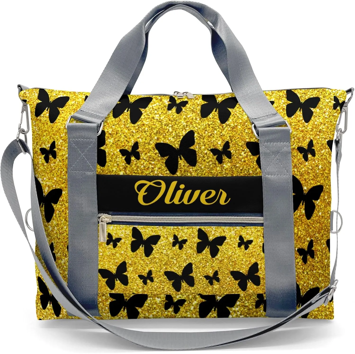 Custom Kids Yellow Glitter Butterfly Duffel Overnight Dance Bag for Girls Personalized Dance Duffle Bag for Women Girls Customized Kids Gifts