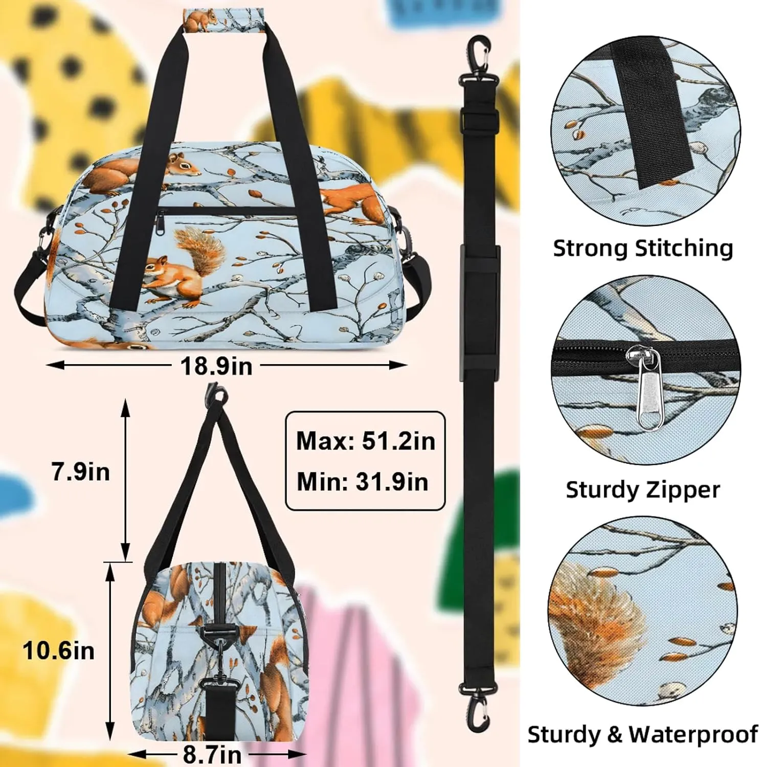 Cute Animal Squirrel Small Gym Bag 18 inch Carry On Duffel Bag for Weekender Travel Sports Workout Yoga Gymnastics Dance Ballet