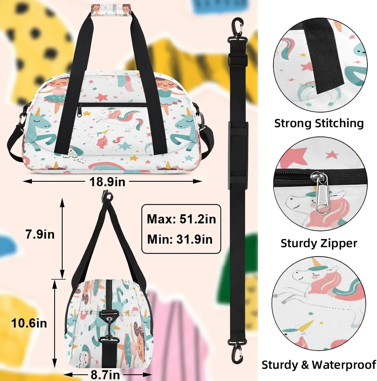 Cute Ballerina Unicorn Small Gym Bag 18 inch Carry On Duffel Bag for Weekender Travel Sports Workout Yoga Gymnastics Dance Ballet
