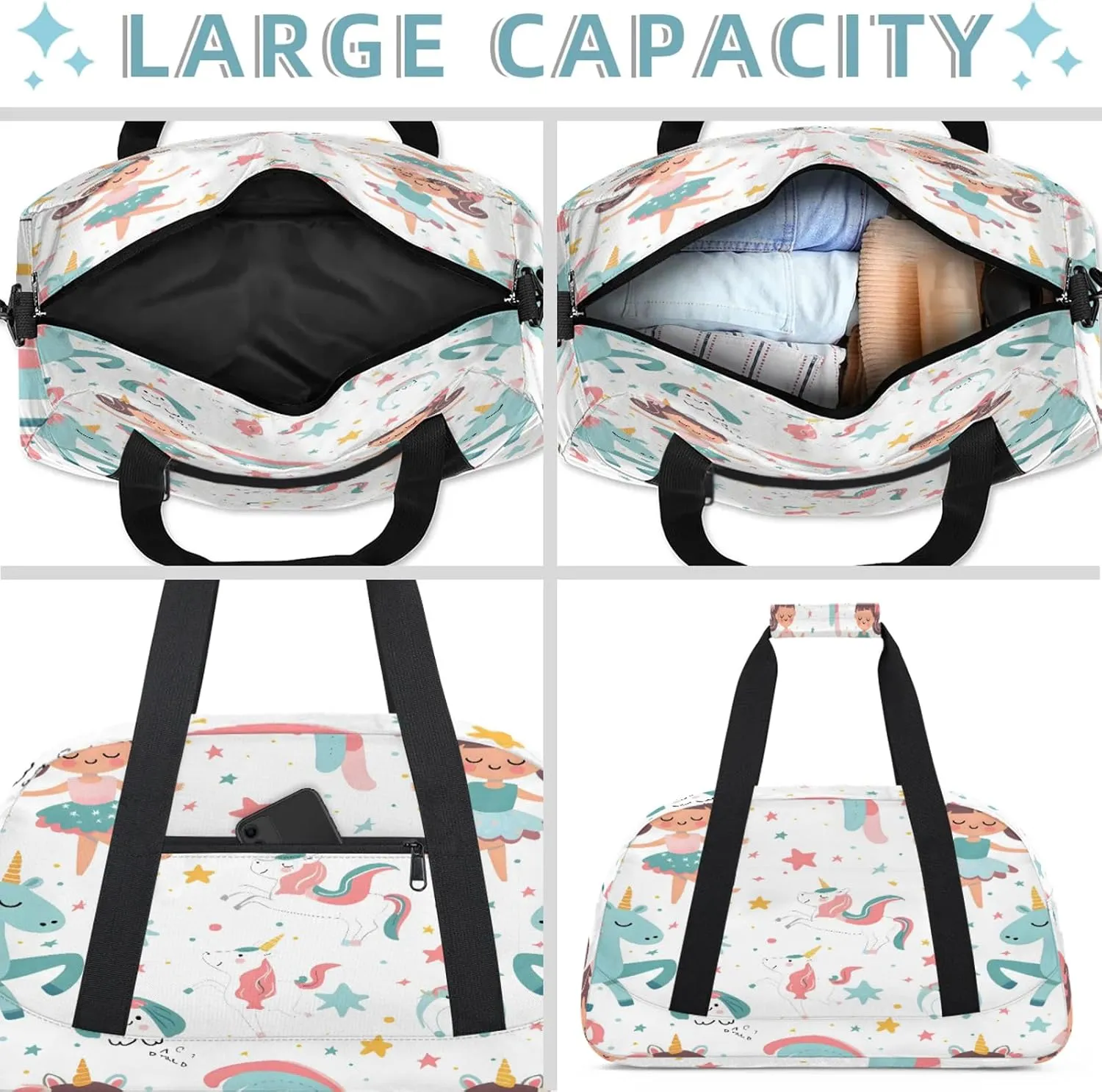 Cute Ballerina Unicorn Small Gym Bag 18 inch Carry On Duffel Bag for Weekender Travel Sports Workout Yoga Gymnastics Dance Ballet