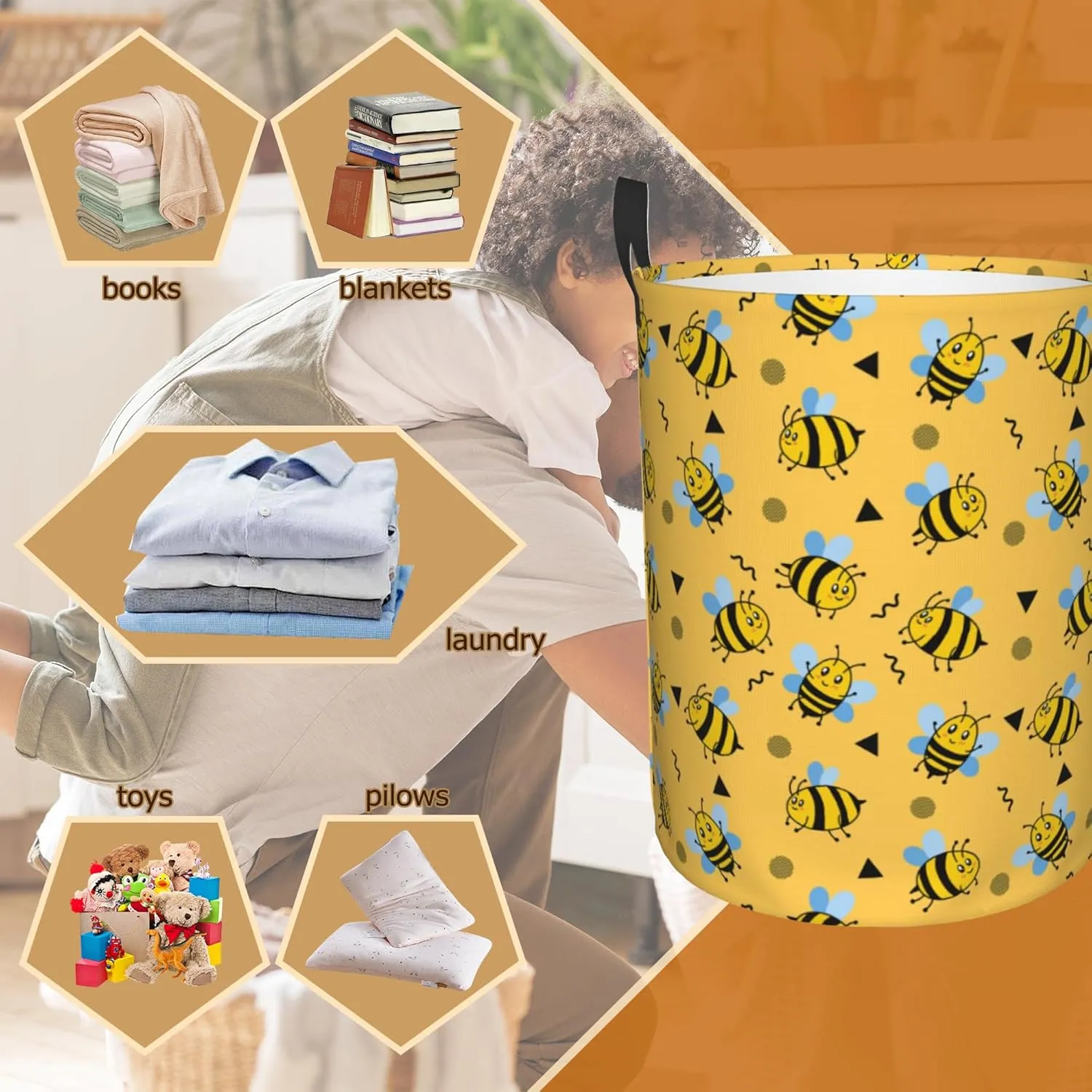 Cute Bees Collapsible Laundry Basket,Yellow Honeybee Bedroom Waterproof Laundry Hamper,Bathroom Large Storage Bag,College Dormitory Living Room Nursery Organizer Toy Bin 16" x 20"