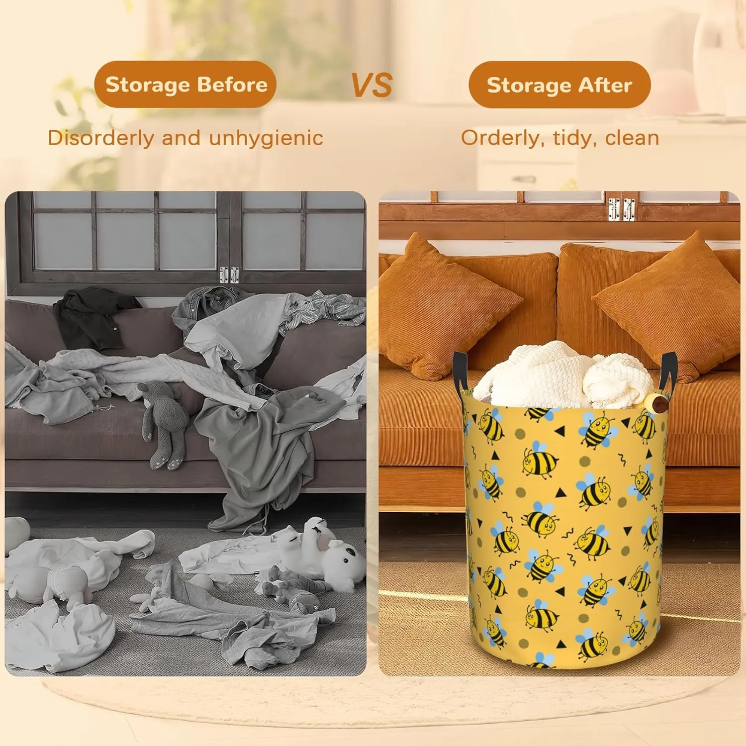 Cute Bees Collapsible Laundry Basket,Yellow Honeybee Bedroom Waterproof Laundry Hamper,Bathroom Large Storage Bag,College Dormitory Living Room Nursery Organizer Toy Bin 16" x 20"