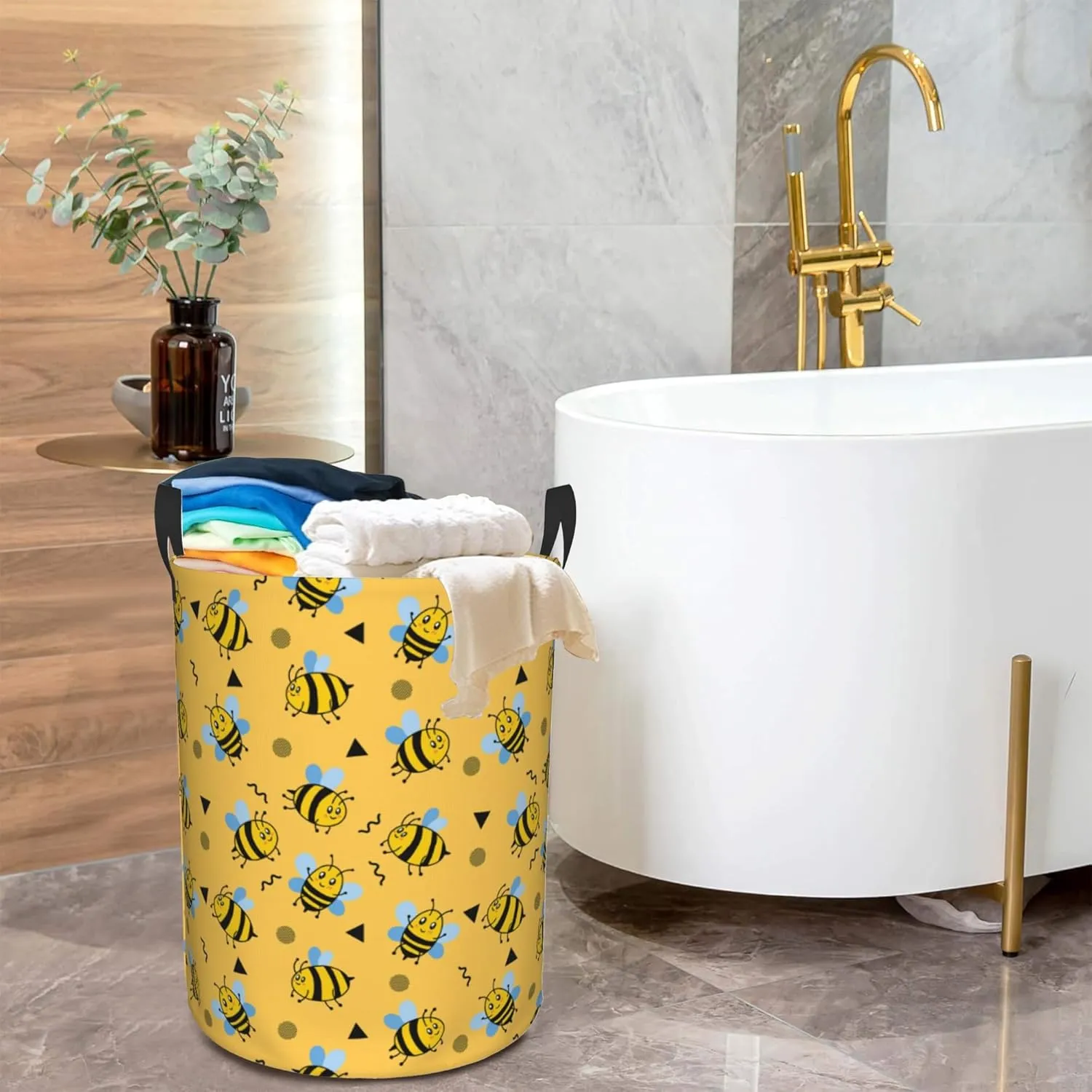 Cute Bees Collapsible Laundry Basket,Yellow Honeybee Bedroom Waterproof Laundry Hamper,Bathroom Large Storage Bag,College Dormitory Living Room Nursery Organizer Toy Bin 16" x 20"