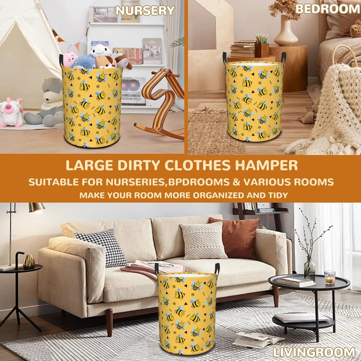 Cute Bees Collapsible Laundry Basket,Yellow Honeybee Bedroom Waterproof Laundry Hamper,Bathroom Large Storage Bag,College Dormitory Living Room Nursery Organizer Toy Bin 16" x 20"
