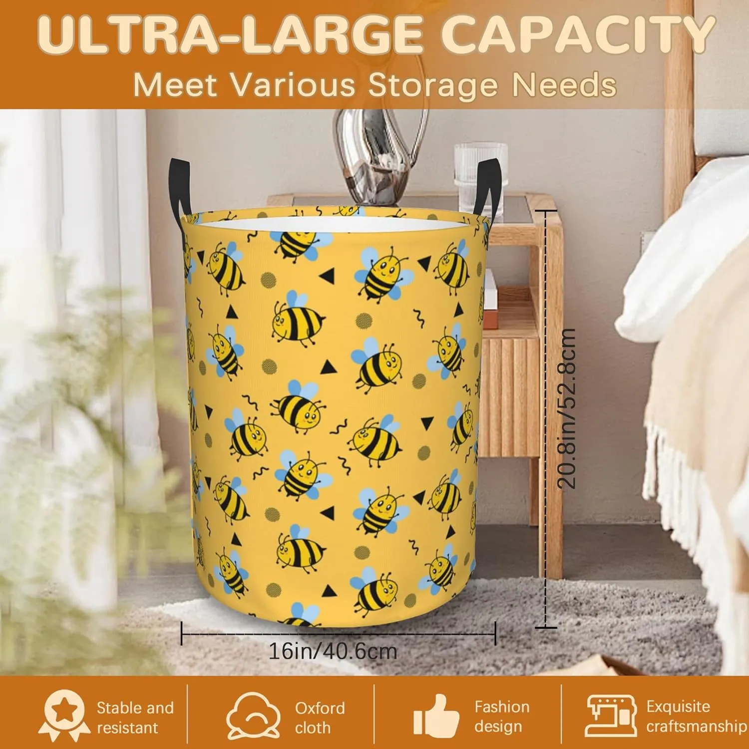Cute Bees Collapsible Laundry Basket,Yellow Honeybee Bedroom Waterproof Laundry Hamper,Bathroom Large Storage Bag,College Dormitory Living Room Nursery Organizer Toy Bin 16" x 20"