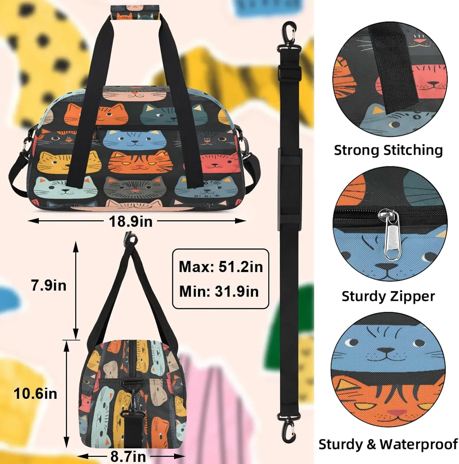 Cute Cartoon Cat Small Gym Bag 18 inch Carry On Duffel Bag for Weekender Travel Sports Workout Yoga Gymnastics Dance Ballet