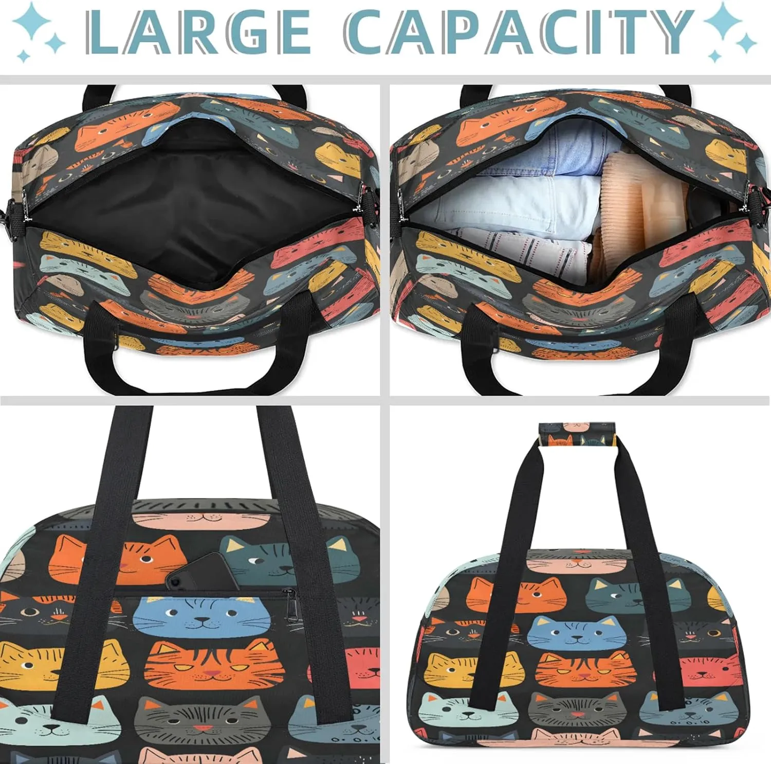 Cute Cartoon Cat Small Gym Bag 18 inch Carry On Duffel Bag for Weekender Travel Sports Workout Yoga Gymnastics Dance Ballet