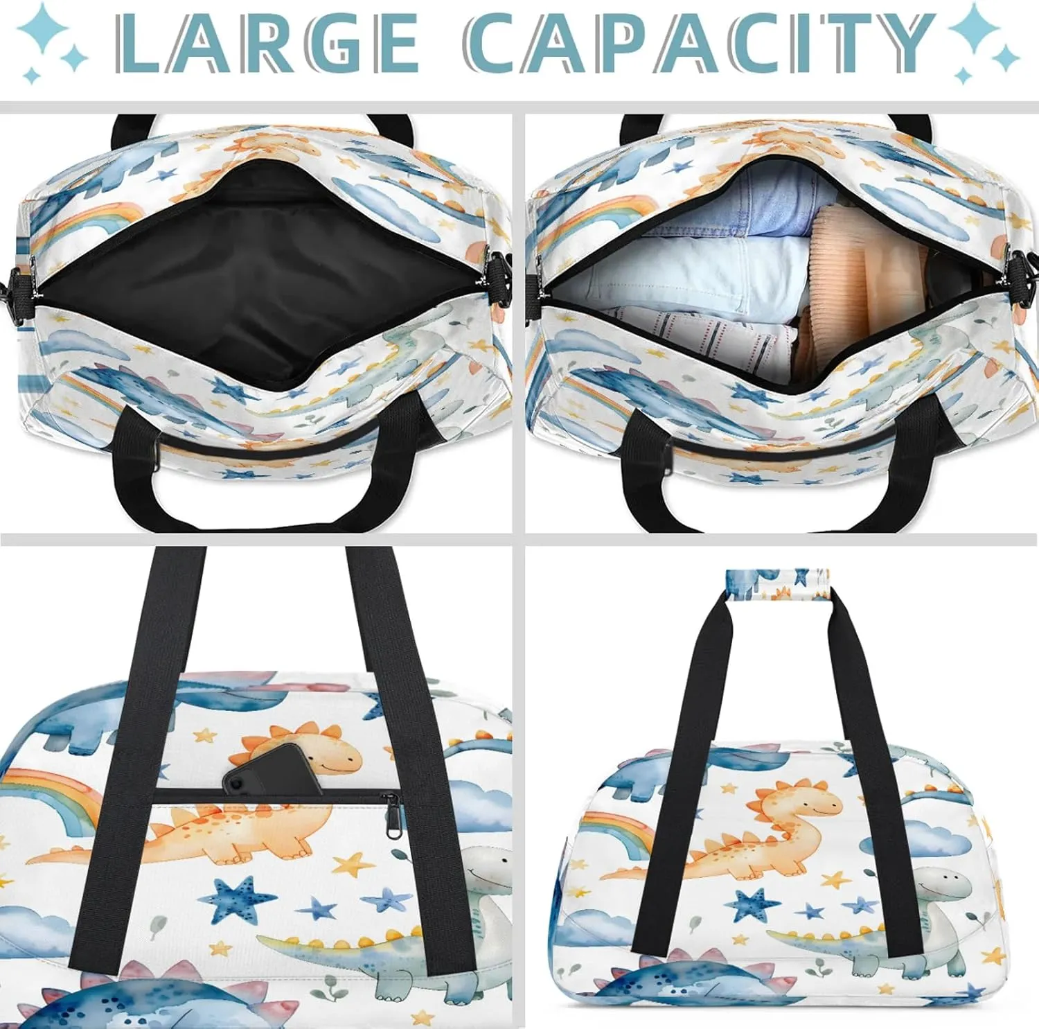 Cute Dino Rainbow Small Gym Bag 18 inch Carry On Duffel Bag for Weekender Travel Sports Workout Yoga Gymnastics Dance Ballet