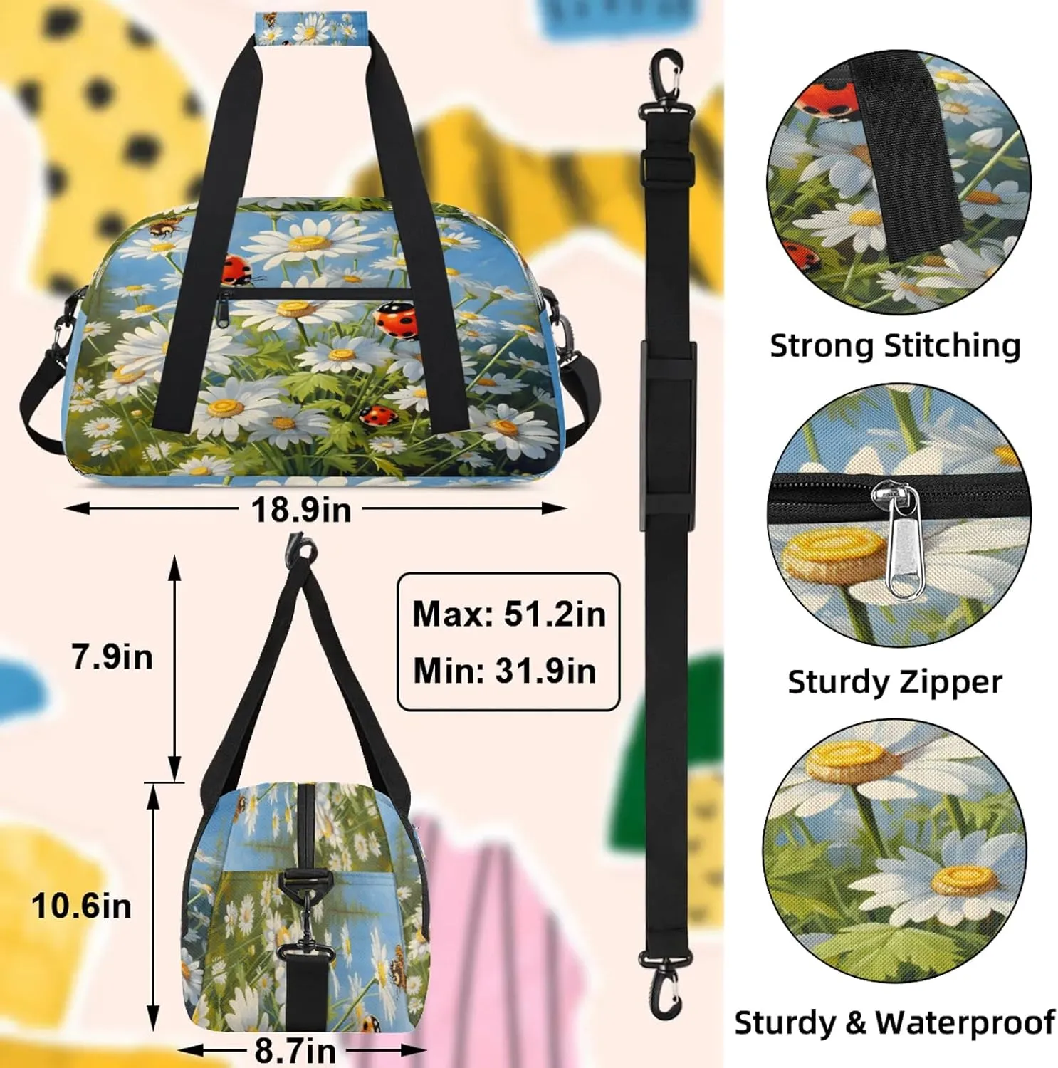 Daisy Ladybugs Small Gym Bag 18 inch Carry On Duffel Bag for Weekender Travel Sports Workout Yoga Gymnastics Dance Ballet