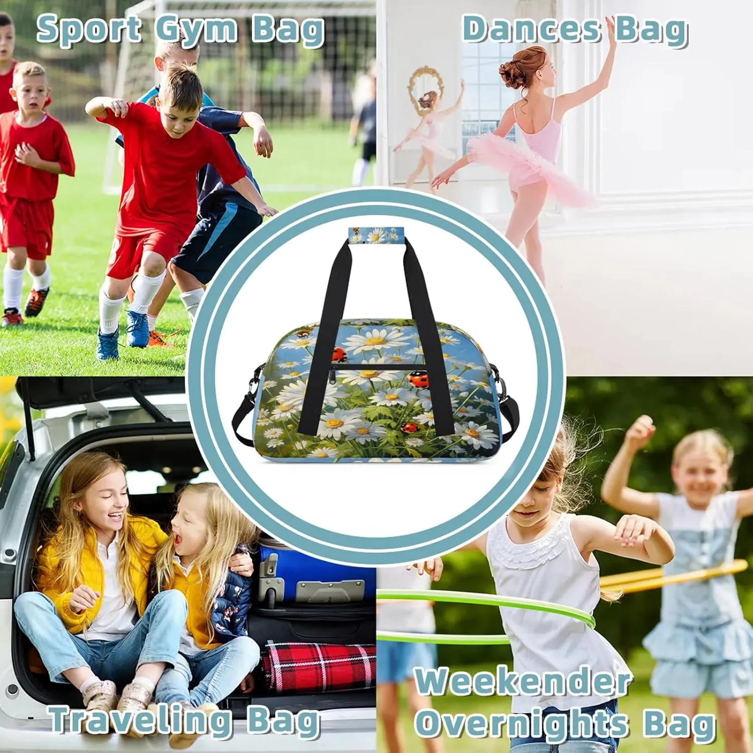Daisy Ladybugs Small Gym Bag 18 inch Carry On Duffel Bag for Weekender Travel Sports Workout Yoga Gymnastics Dance Ballet