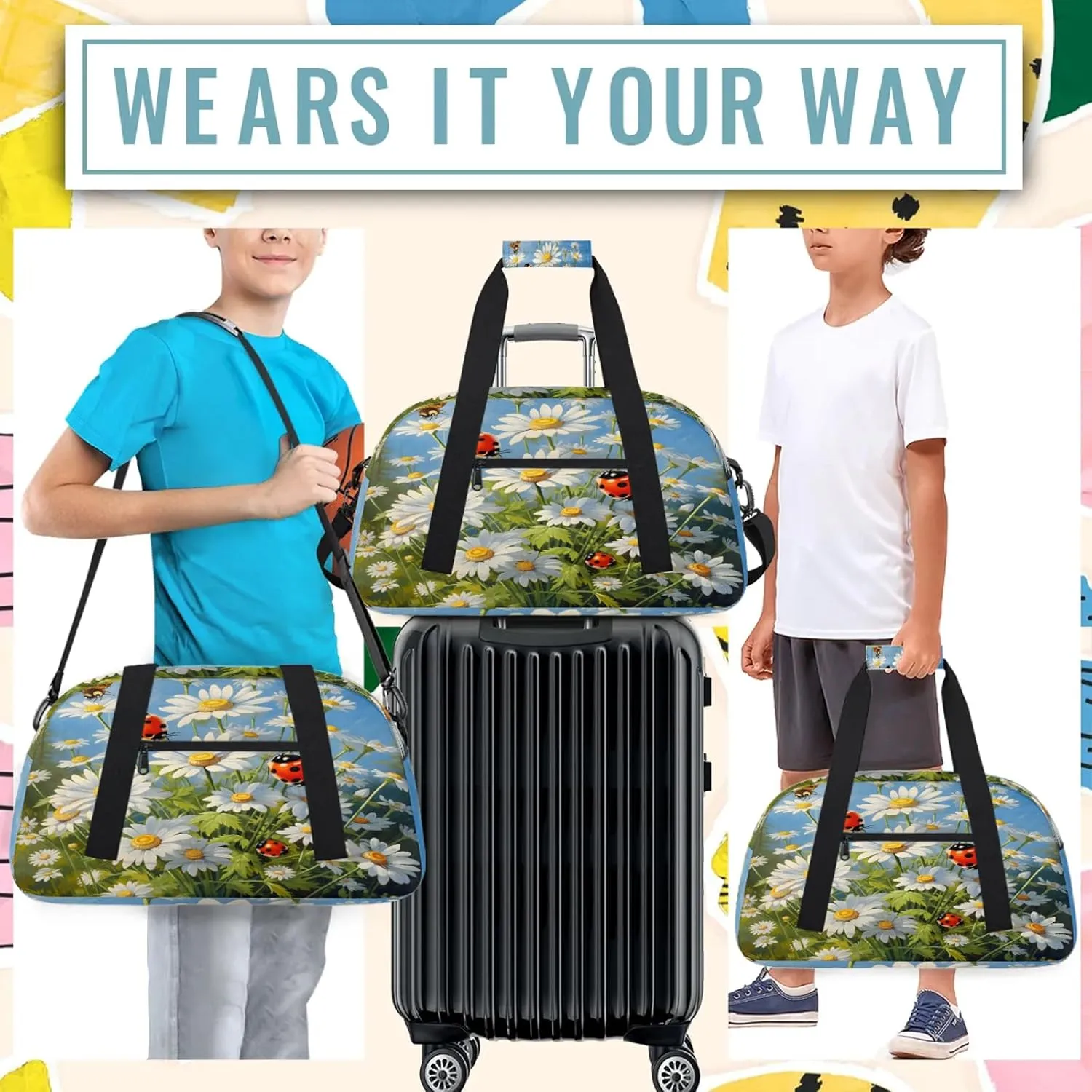 Daisy Ladybugs Small Gym Bag 18 inch Carry On Duffel Bag for Weekender Travel Sports Workout Yoga Gymnastics Dance Ballet