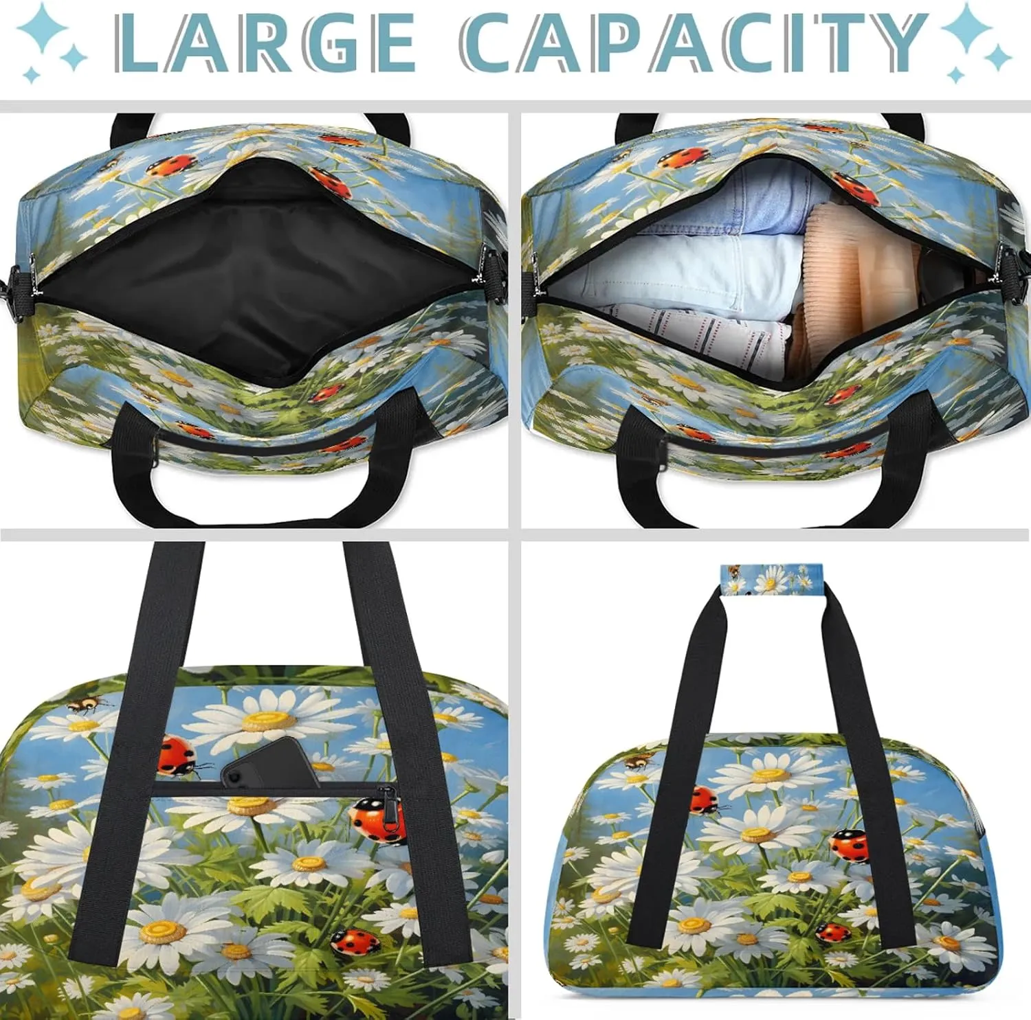 Daisy Ladybugs Small Gym Bag 18 inch Carry On Duffel Bag for Weekender Travel Sports Workout Yoga Gymnastics Dance Ballet