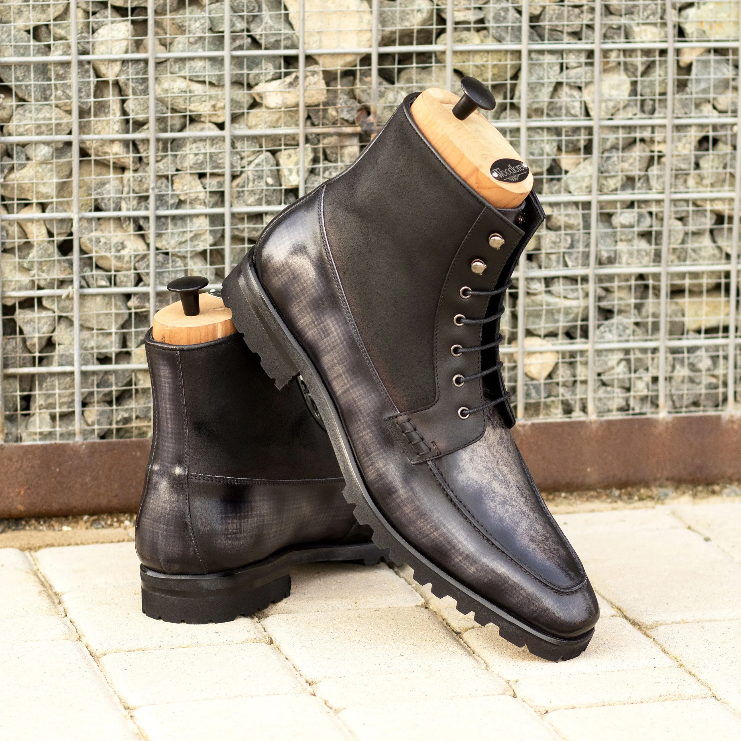 DapperFam Ryker in Black / Grey Men's Italian Leather & Hand-Painted Patina Moc Boot