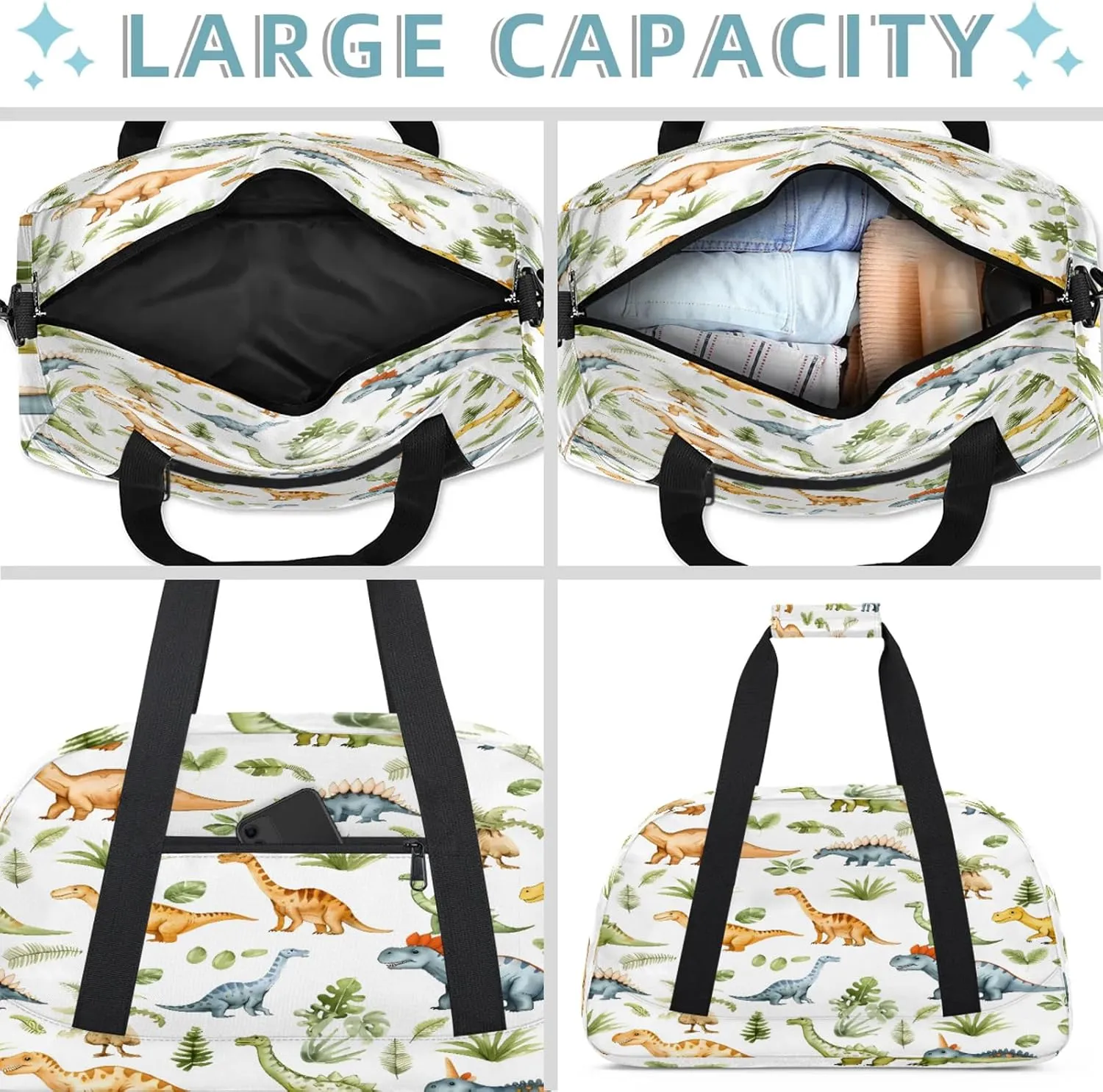Dinosaur Cute Small Gym Bag 18 inch Carry On Duffel Bag for Weekender Travel Sports Workout Yoga Gymnastics Dance Ballet