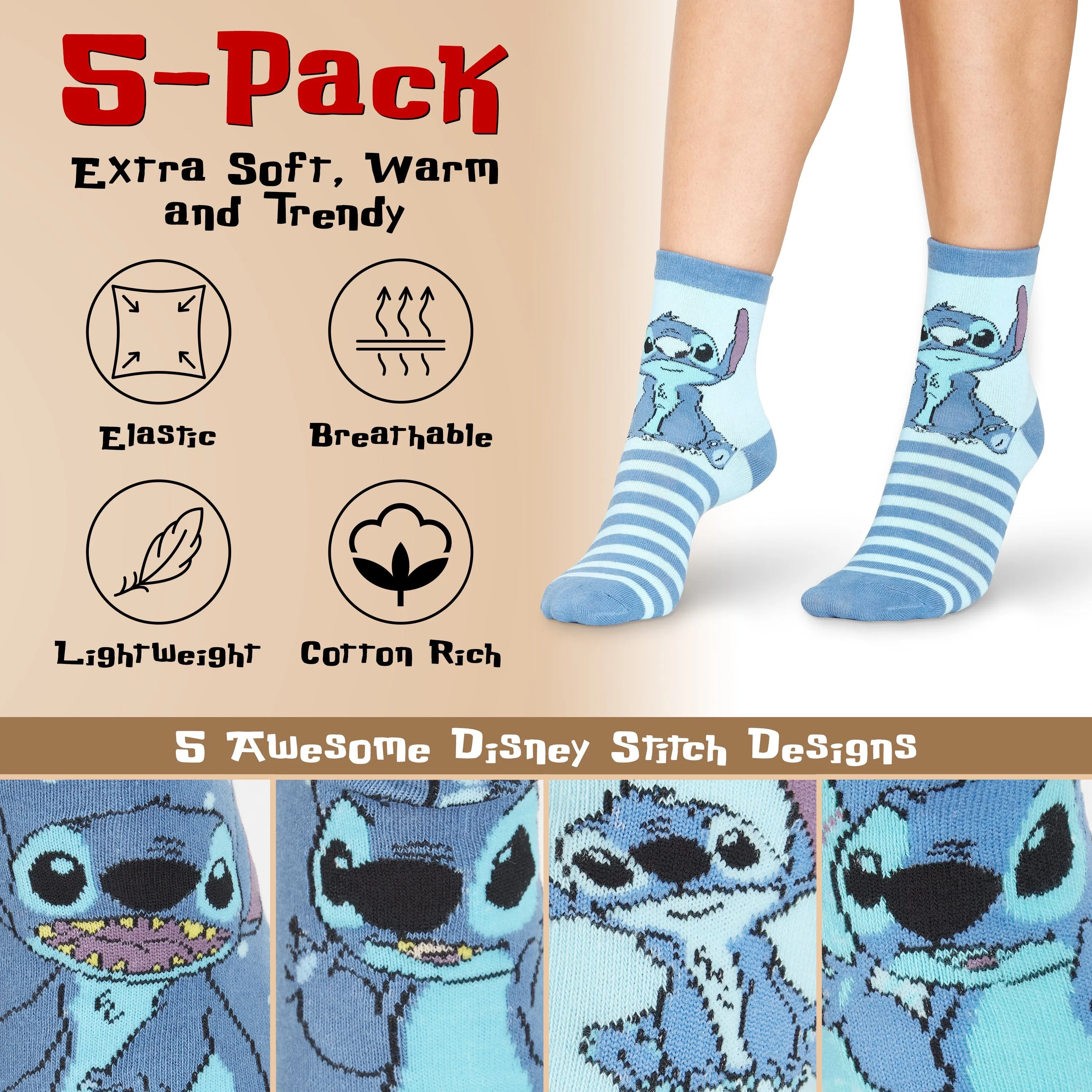 Disney Stitch Womens Socks, 5 Pairs Ladies Socks Cotton Rich, Stitch Disney Gifts