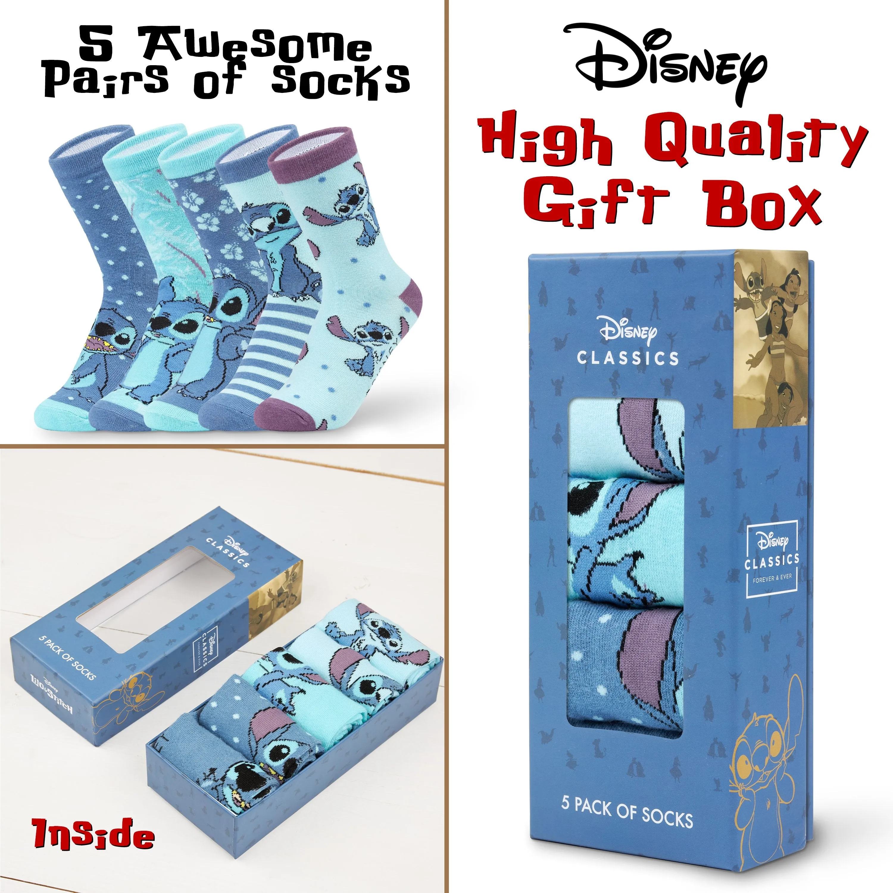 Disney Stitch Womens Socks, 5 Pairs Ladies Socks Cotton Rich, Stitch Disney Gifts