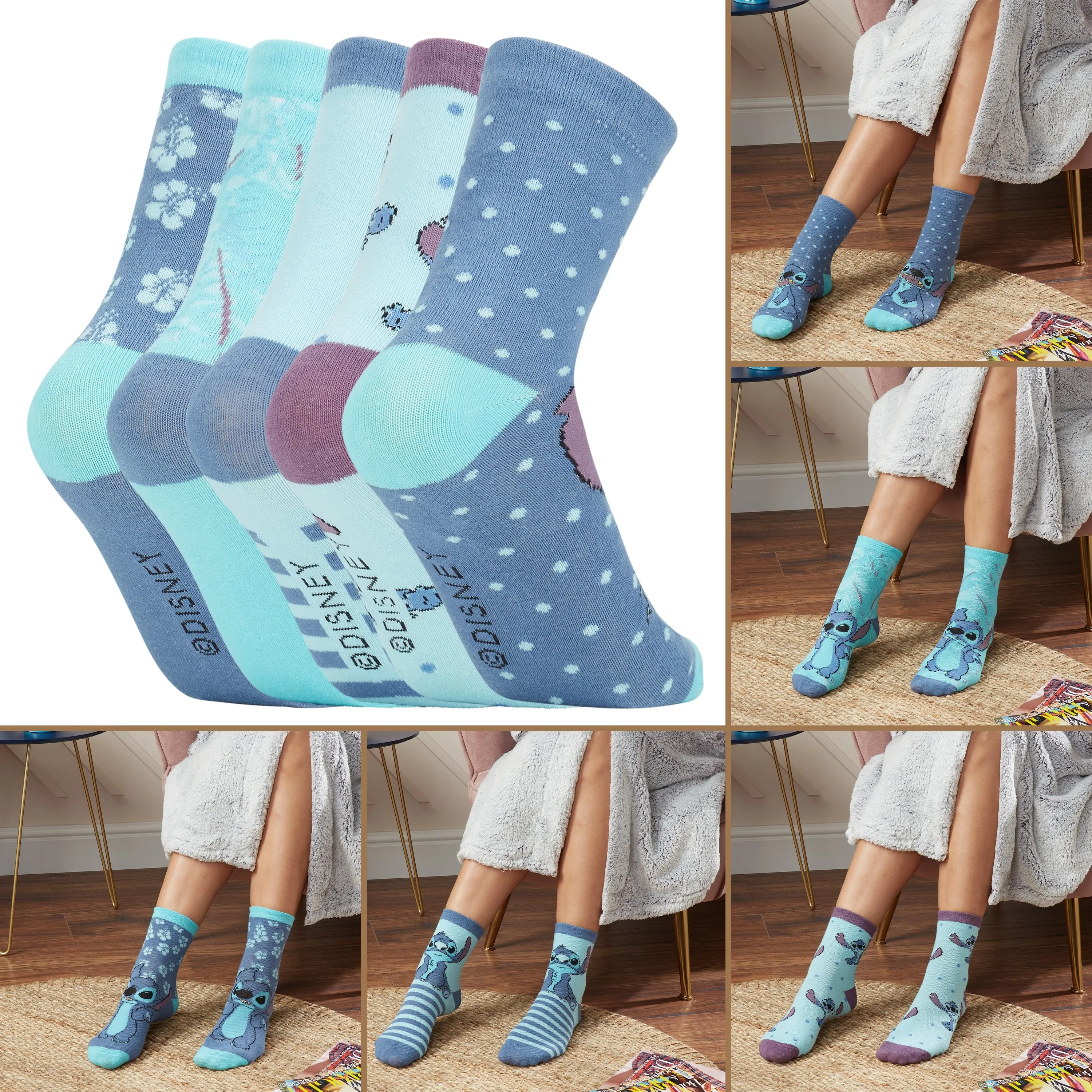 Disney Stitch Womens Socks, 5 Pairs Ladies Socks Cotton Rich, Stitch Disney Gifts