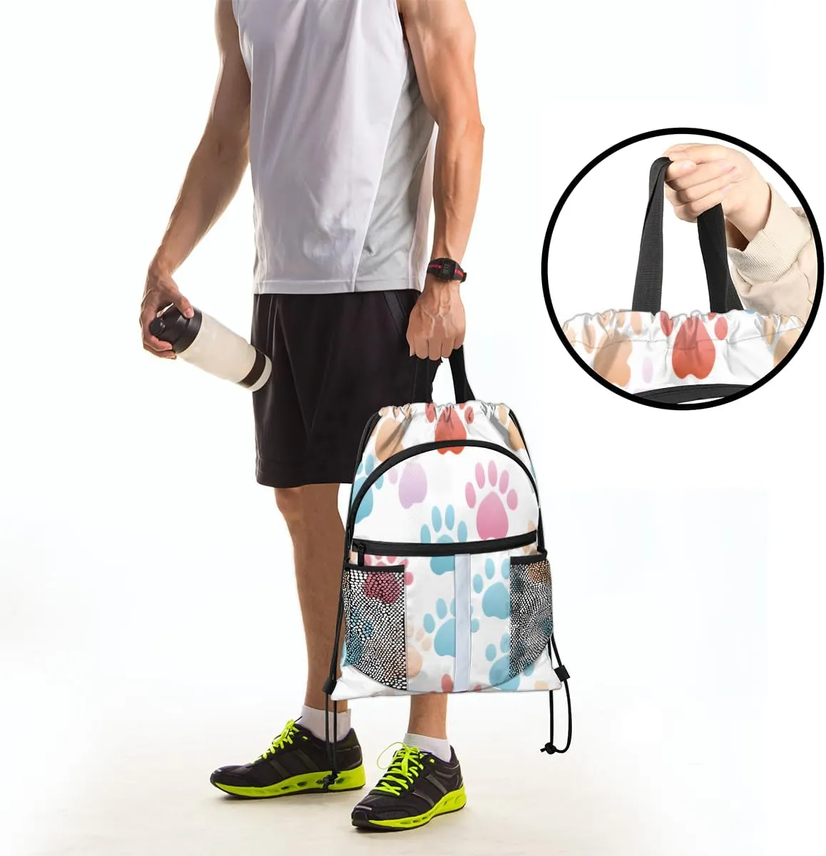 Dog Paw Print Drawstring Backpack with Water Bottle Pocket Lightweight String Bag Cute Animal Dog Paw Print Sports Gym Swim Sackpack for Men Women