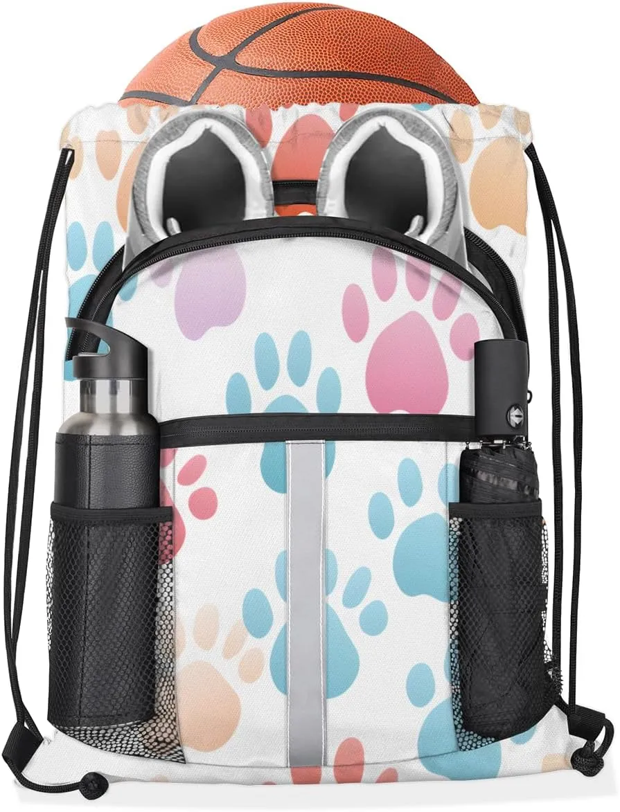 Dog Paw Print Drawstring Backpack with Water Bottle Pocket Lightweight String Bag Cute Animal Dog Paw Print Sports Gym Swim Sackpack for Men Women