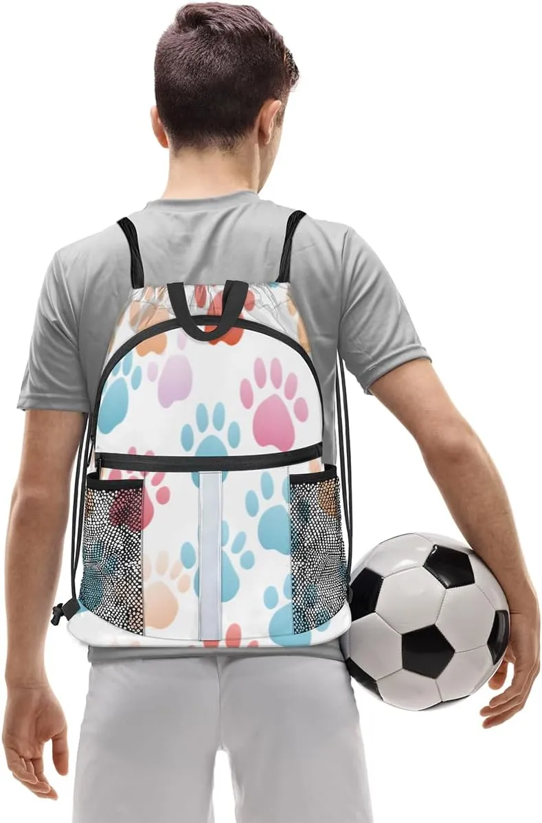 Dog Paw Print Drawstring Backpack with Water Bottle Pocket Lightweight String Bag Cute Animal Dog Paw Print Sports Gym Swim Sackpack for Men Women