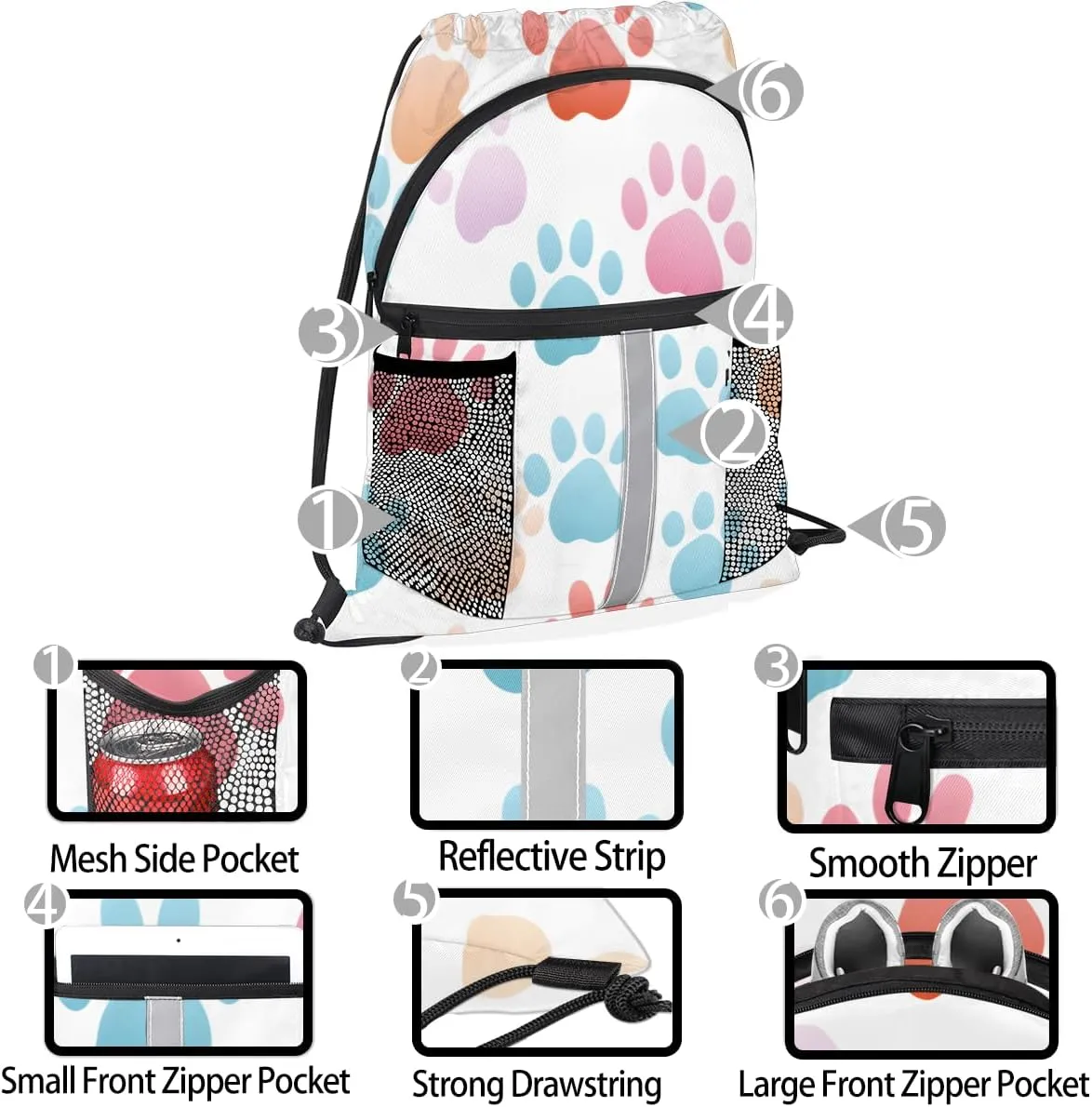 Dog Paw Print Drawstring Backpack with Water Bottle Pocket Lightweight String Bag Cute Animal Dog Paw Print Sports Gym Swim Sackpack for Men Women