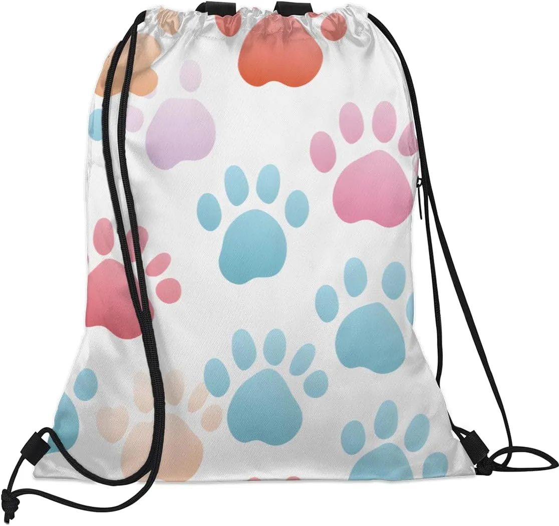 Dog Paw Print Drawstring Backpack with Water Bottle Pocket Lightweight String Bag Cute Animal Dog Paw Print Sports Gym Swim Sackpack for Men Women