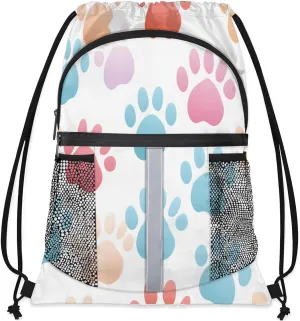 Dog Paw Print Drawstring Backpack with Water Bottle Pocket Lightweight String Bag Cute Animal Dog Paw Print Sports Gym Swim Sackpack for Men Women