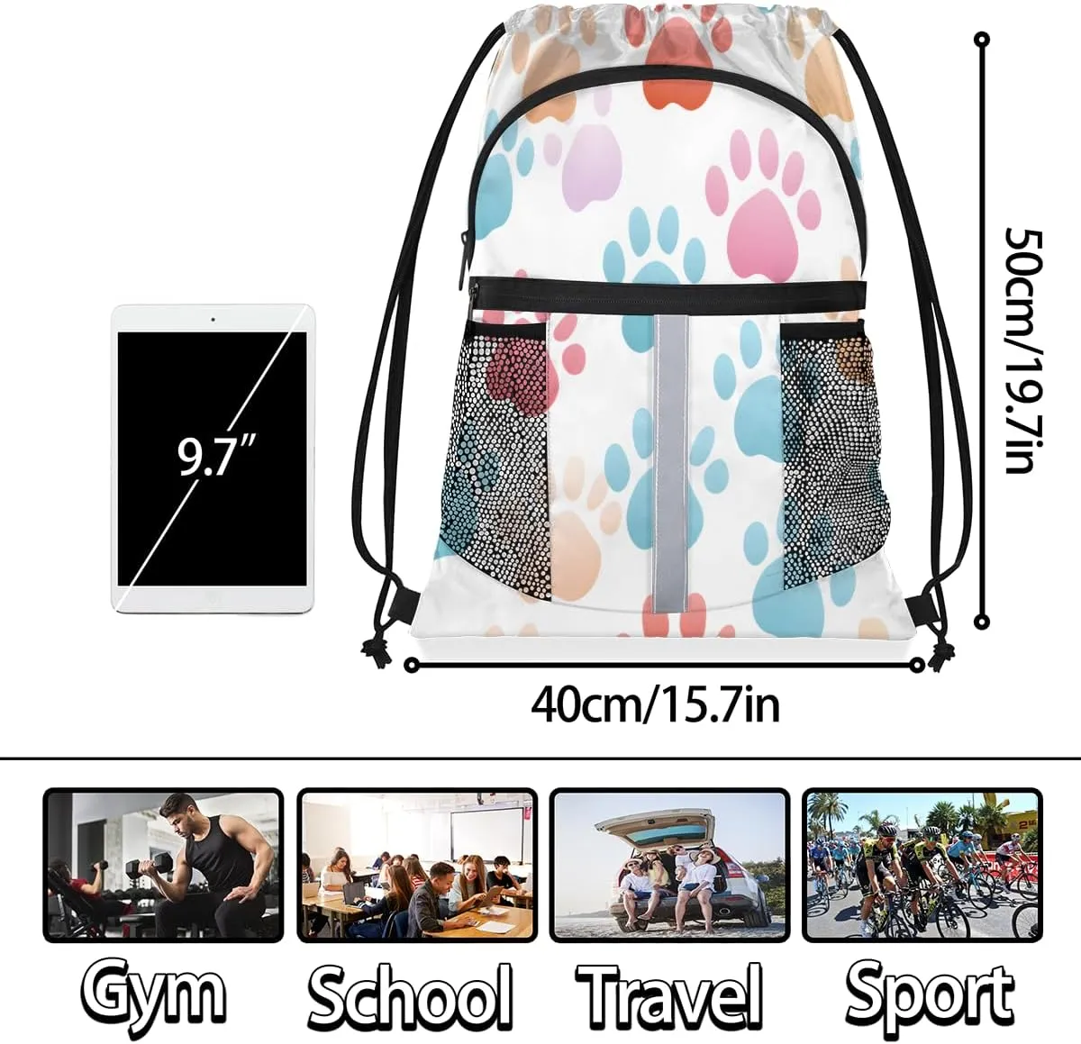 Dog Paw Print Drawstring Backpack with Water Bottle Pocket Lightweight String Bag Cute Animal Dog Paw Print Sports Gym Swim Sackpack for Men Women