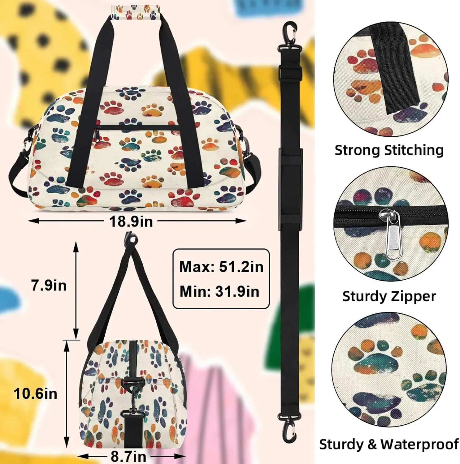 Dog Paw Print Small Gym Bag 18 inch Carry On Duffel Bag for Weekender Travel Sports Workout Yoga Gymnastics Dance Ballet