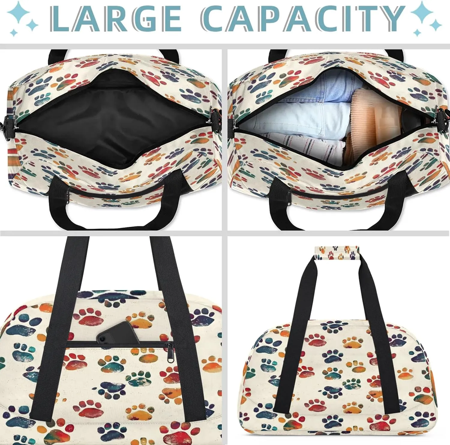 Dog Paw Print Small Gym Bag 18 inch Carry On Duffel Bag for Weekender Travel Sports Workout Yoga Gymnastics Dance Ballet